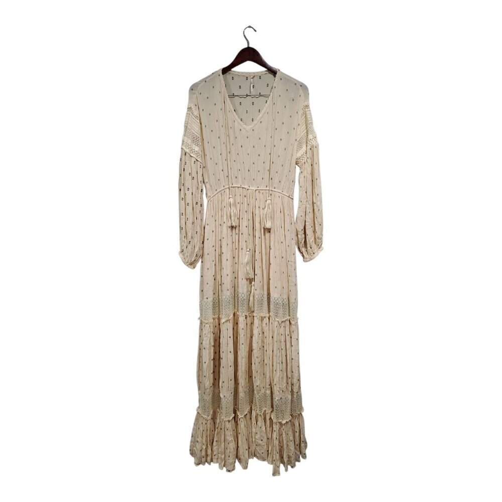 Free People Sada Ivory Maxi Dress Long-Sleeved Tiered Boho CottageCore Sz M